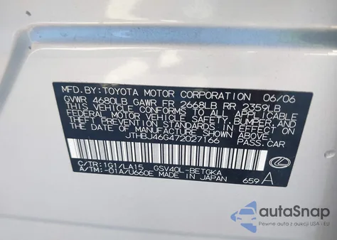 2007 Lexus Es 350 из США, поврежденный, VIN JTHBJ46G472027166